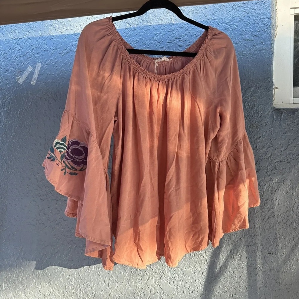 Miss Lili Embroidered Bell Sleeve Top Loose Fit Optional Off Shoulder